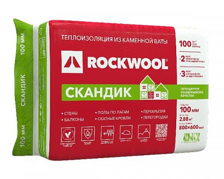 Теплоизоляционная гидрофобизированная плита из каменной ваты Rockwool Лайт Баттс Скандик 100, 800х600, упаковка 0,288 м3 (6 плит)