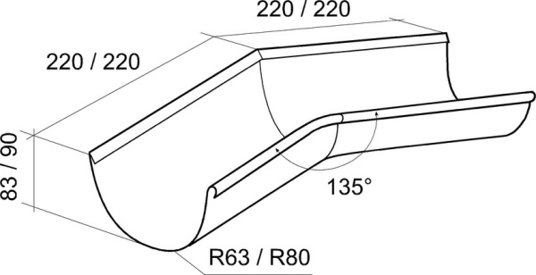 Угол желоба внутренний 135º, 125 мм Гранд Лайн Алюцинк / Grand Line Aluzinc
